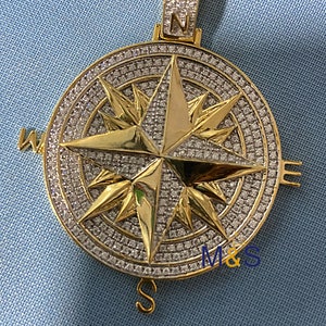 Iced out Moissanite Mens Compass 10K Yellow Gold Finish Simulated Diamond Traveler Compass 925 Sterling Silver Nautical Direction Pendant