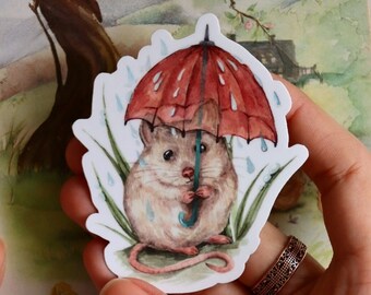 Rainy Day Mouse Sticker, Watercolor Art Decal, Cottagecore Laptop Water Bottle Decor, Whimsical, Hand-Illustrated