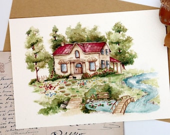 Cottage Illustration, Landscape Illustration, Cottagecore Art, Nature Art Print,  Watercolor Art, A6 Card,  Miniature Art, Sweet Home Art