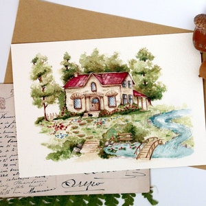 Illustration de cottage, illustration de paysage, art cottagecore, impression d'art nature, aquarelle, carte A6, art miniature, art déco maison