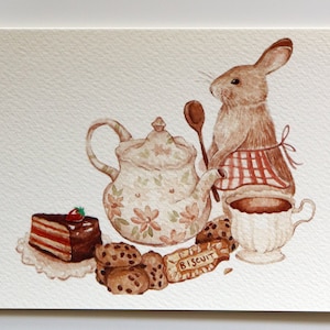 Food Illustration Print, Tea Art Print, Tea Lover Gift, Tea Time Art, Cute Postcard, Rabbit Art, Pastry Baking Illustration