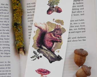 Red Squirrel Watercolor Bookmark, Woodland Animals Illustration, Autumn Gift, Bookworm Accessory, Literary Page Marker