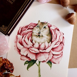 Stampa ad Acquerello, Scoiattolo e Fiore, Disegni di Fiori, Peonia, Illustrazione di Animali, Decorazione da Appendere, Fiori e Piante