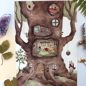 Arte de ratón lindo, arte cottagecore, cuadro lindo para colgar, arte de cabaña de hadas, decoración de animales para guardería, seto de zarzas, decoración de habitación infantil, ratones lindos