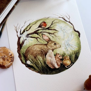Illustrazione Magica, Fate dei Boschi, Disegni della Natura, Acquerello Animali del Bosco, Stampa A5