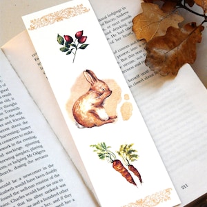 Konijnenbladwijzer, konijnaquarelschilderij, konijnkunst, bladwijzer, dierenkunst, bosdierenkunst, Peter Rabbit-kunst, schattige katoenstaartkonijnkunst