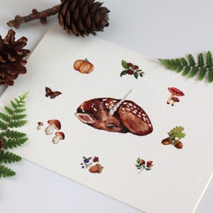 Cerbiatto Illustrazione, Bambi Disegno, Cartolina Animali, Animali Carini, Acquerello di Animali, Cervo Disegno, Disegni Magici, Stampa A6
