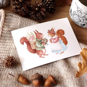 Scoiattoli Innamorati, Illustrazione Animali, Illustrazioni ad Acquerello, Cottagecore, Stampe Cartoline, Beatrix Potter, Cottagecore Art