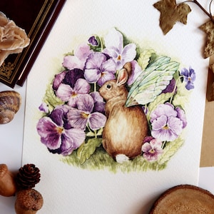 Coniglio Stampa ad Acquerello, Coniglio e Viole, Disegno di Coniglio, Magica Illustrazione, Disegno ad Acquerello