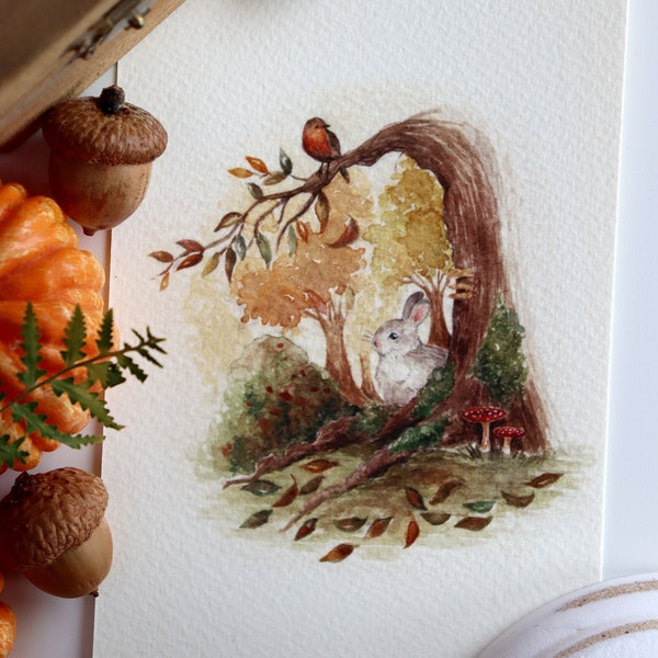 Art animalier de la forêt, animaux de la forêt, illustration d'animaux aquarelle, impression de cartes, illustration de paysage, art fantaisiste, lapin à queue blanche