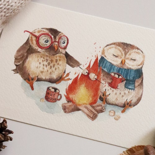 Cute Animals Art Woodland Art Bonfire Art Owl Art Tea - Etsy Cute Animals Art Woodland Art Bonfire Art Owl Art Tea - Etsy