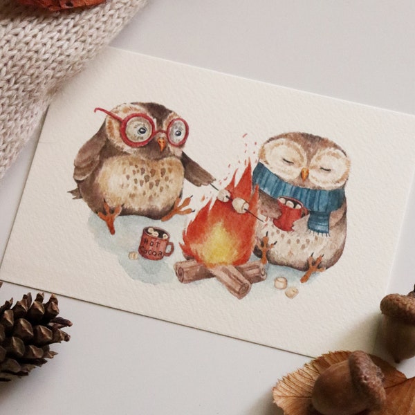Cute Animals Art, Woodland Art, Bonfire Art, Owl Art, Tea Party, Picnic Party, Hot Cocoa, Winter Owl Art, Owls Love, Winter Illustrations