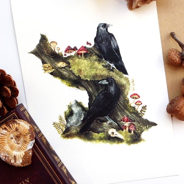 Crow Art, Magical Illustration, Whimsical Animal Art, Raven Art, Crow Watercolor Art, Print Art, Black Raven, Bird Lovers Gift, Black Crows