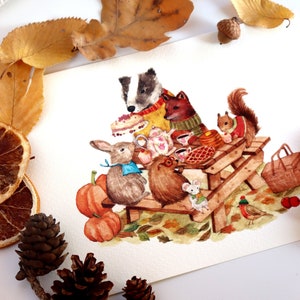 Illustrazione Animali, Picnic Disegno, Animali della Foresta, Animali Carini, Stampa A5, Illustrazione Bambini, Illustrazione per l'Infanzia