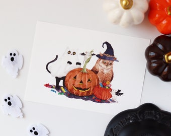 Vintage Halloween Watercolor Print, Spooky Pumpkins, Ghost Art, Witchy, Whimsical, Gothic, Goth Art, Fantasy