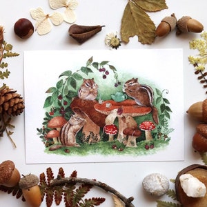 Picnic di Mezza Estate, Animali del Bosco, Stampe Animali, Illustrazioni Cottagecore, Illustrazioni da Regalare, Animali Carini, Cartoline