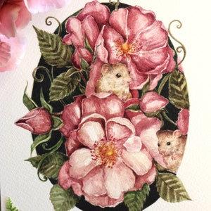 Topolini Disegni, Fiori ad Acquerello, Animali ad Acquerello, Fiori Illustrazioni, Regalo per Lei, Fiori Anemoni, Stampe da Appendere, Topi