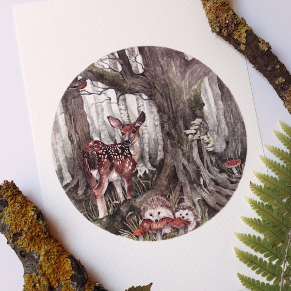 Forest Animals, Wildlife Print, Deer Art Print, Wild Animals, Gothic Art, Whimsical Illustration, Forest Lanscapes, British Wildlife Art