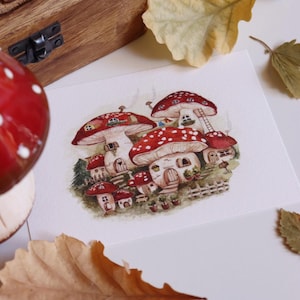 Casa Fungo, Illustrazione Magica, Amanita Muscaria, Villaggio Funghi, Giardino Fatato, Illustrazione Magica, Cartolina Illustrata, Funghi