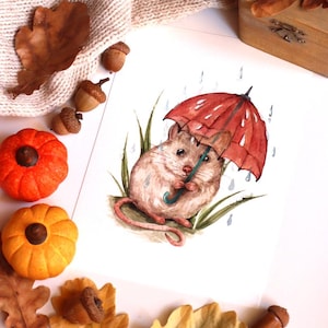 Pintura de acuarela de ratón, arte de ratón, arte de pared de animales, ilustración infantil, arte infantil, regalo para ella, ilustraciones lindas, arte de ratones, lindo
