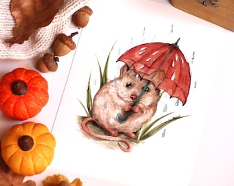 Akwarela z motywem deszczowej myszy, ilustracja dla dzieci, dekoracja ścienna do pokoju dziecięcego, bajki