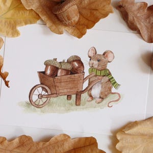 Arte de ratones, arte animal, animales lindos, animales bebés, ilustración infantil, decoración de arte para guarderías, arte de educación en el hogar, criaturas del bosque, postal de roble