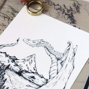 Drakeninkt, Inktillustratie, Smaug The Dragon, The Hobbit, Inkttekening, Inkttekening, Inktkunst, Zwart-witkunst, Tolkienkunst, Potloodkunst