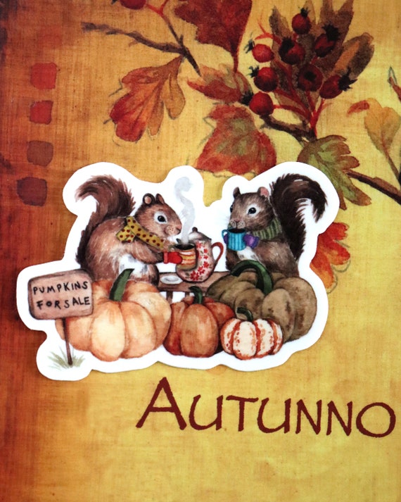 Autumn Sticker, Cozy Stickers, Fall Season, Squirrel Lovers, Cosy Decor, Pumpkins, Squirrel Art