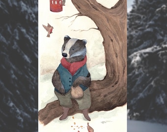 Winter Badger Watercolor Print, Cottagecore Illustration, Woodland Critters, Beatrix Potter Art, Bookmark, Winter