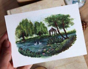 Lily Pond Watercolor Print, Swan Lake Cottagecore Art, Dreamy Landscape, Vintage Postcard, Cabin Art