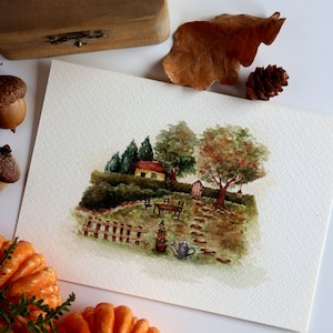 Illustration de cottage, impression de printemps, illustration de paysage, art cottagecore, impression d'art nature, aquarelle, carte A6, décoration de saison printanière
