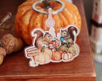 Squirrel Pumpkin Acrylic Keychain, Cozy Fall Decor, Whimsical Autumn Gift, Bag Charm, Backpack Accessory