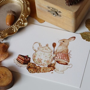 Impression d'illustration de nourriture, impression d'art de thé, cadeau pour amateur de thé, art de l'heure du thé, jolie carte postale, art de lapin, illustration de pâtisserie, art de chambre d'enfant