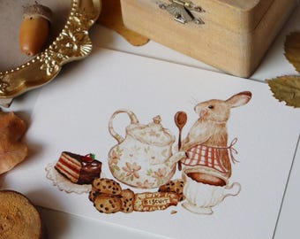 Food Illustration Print, Tea Art Print, Tea Lover Gift, Tea Time Art, Cute Postcard, Rabbit Art, Pastry Baking Illustration, Nursery Art