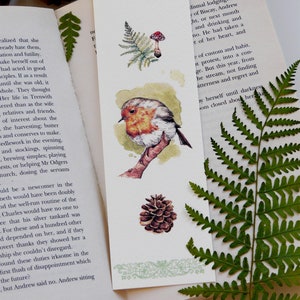 Robin bladwijzer, vogelkunst, vogel bladwijzer, aquarel schilderij, bosrijke dierenprint, bladwijzer verzamelen, cadeau voor boekenliefhebber, verjaardagscadeau