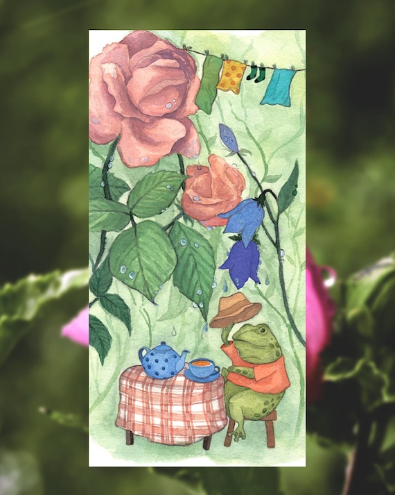 Frog in Rose Garden Watercolor Print: Whimsical Cottagecore Art, Toad Art, Amphibians, Goblincore Bookmark