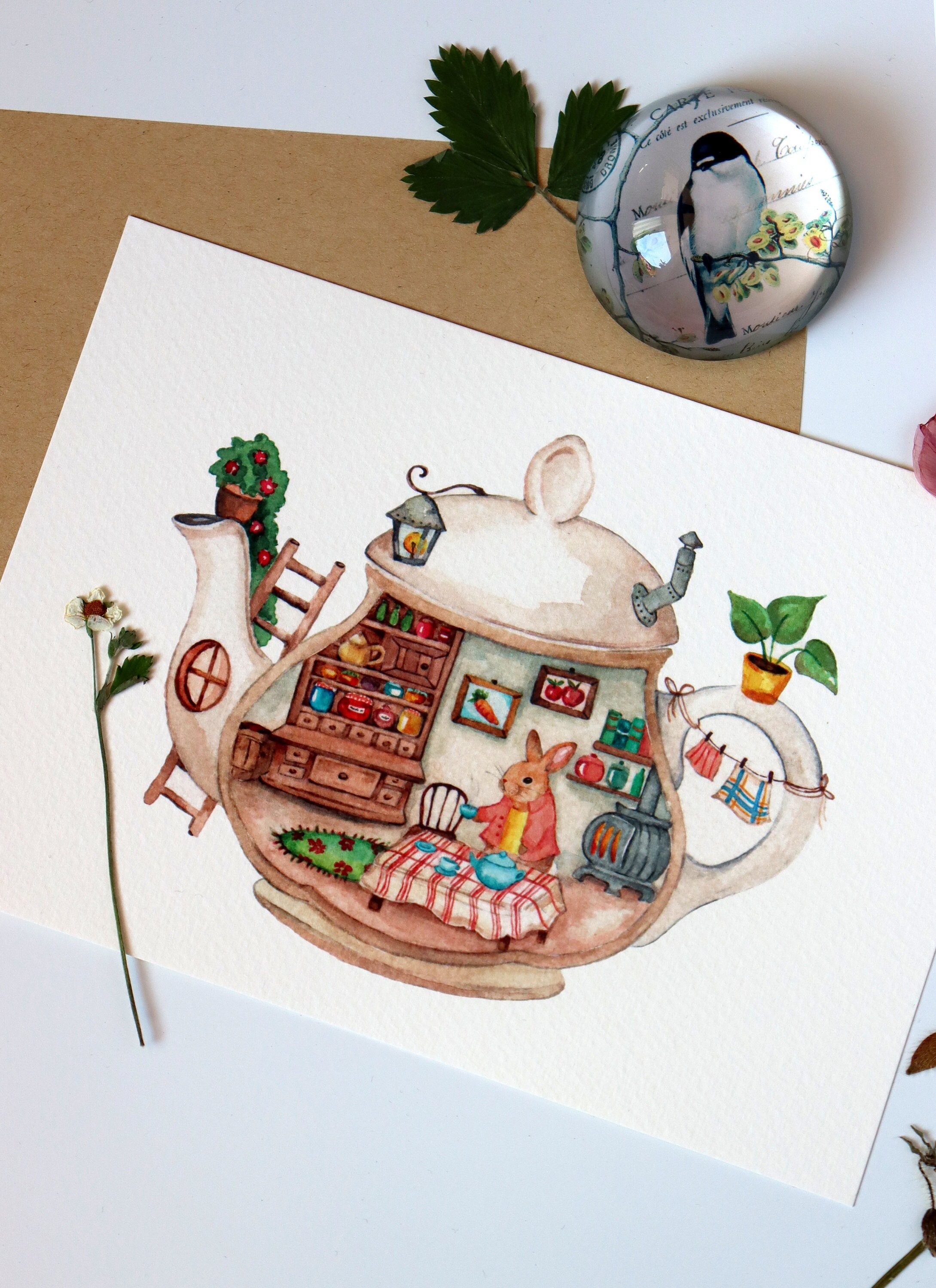 Teapot Illustration Cottagecore Art Print Watercolor photo