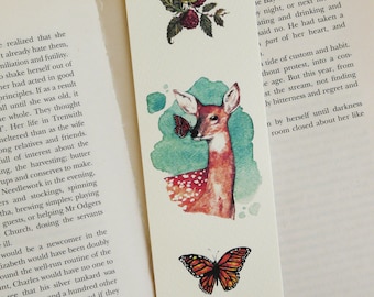 Whimsical Fawn Watercolor Bookmark, Cottagecore Forest Animal Illustration, Book Lover Gift, Nature Art Print