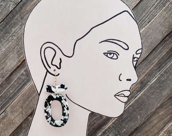Black and white geometric earrings, marble acrylic dangle earrings, oval tortoise shell, acrylic statement earrings, black marble