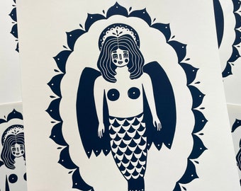 Kina di Mare | Mermaid Angel | Linoleum printing