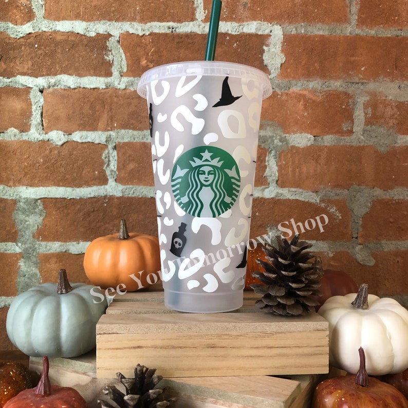 Halloween Cheetah Starbucks Cold Reusable Cup Personalized Starbucks Cup Halloween Starbucks Cold Cup Spooky Witch image 1