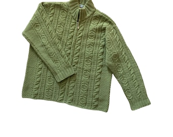 Irish Wool Cardigan Sweater Zip Front Aran Crafts Green Warm