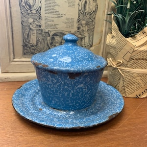 Vintage French Blue Enamelware Butter Dish Attatched Underplate
