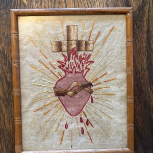 Vintage Sacred Heart Embroidered Picture Framed