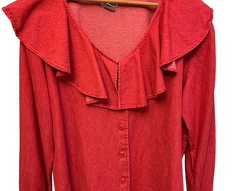 Vintage Red Blouse Shirt Cottage Core Prairie 1990’s Denim Granny Core