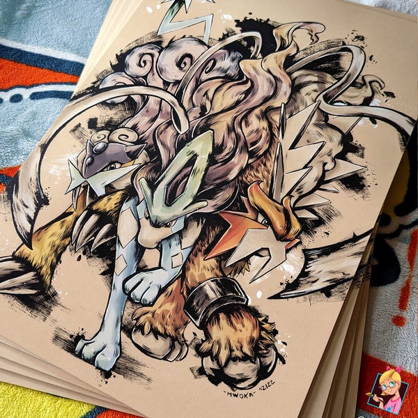 The Legendary Dogs FOREX (Foamex) print of a black and white illustration, black ink and markers, Entei Suicune Raikou