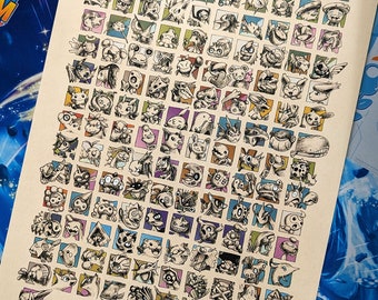 Pokédex Gen 3 Reproduction imprimée sur FOREX d'une illustration en noir et blanc à l'encre, tous les Pokémon de la 3e génération