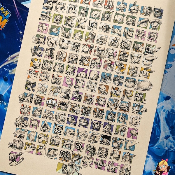 3rd Gen Pokédex FOREX (Foamex) print of a black and white ink illustration, all the Pokémon from the 3rd generation, video game poster