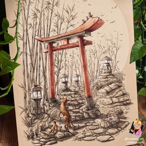 Ghost of Tsushima Reproductie gedrukt op FOREX van een zwart-wit illustratie, Oost-Indische inkt en markers, Japanse inspiratie