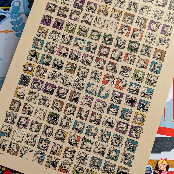 Pokédex Gen 1 Reproduction imprimée sur FOREX d'une illustration en noir et blanc à l'encre, tous les 151 premiers Pokémon